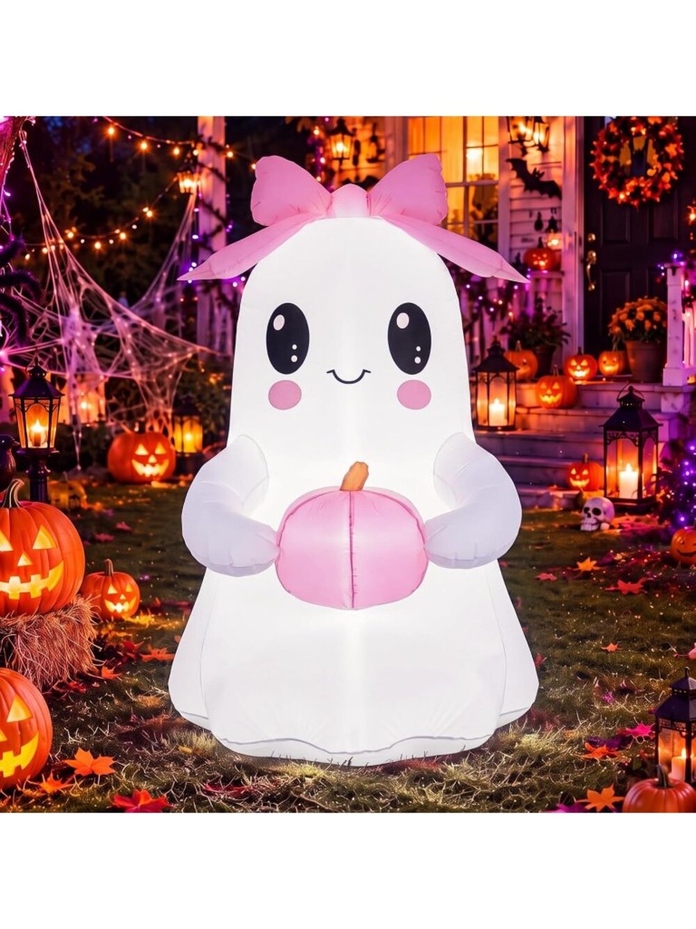 🎃6ft Pink Bow Halloween Inflatable Ghost Blow up Yard Decoration with LED Light